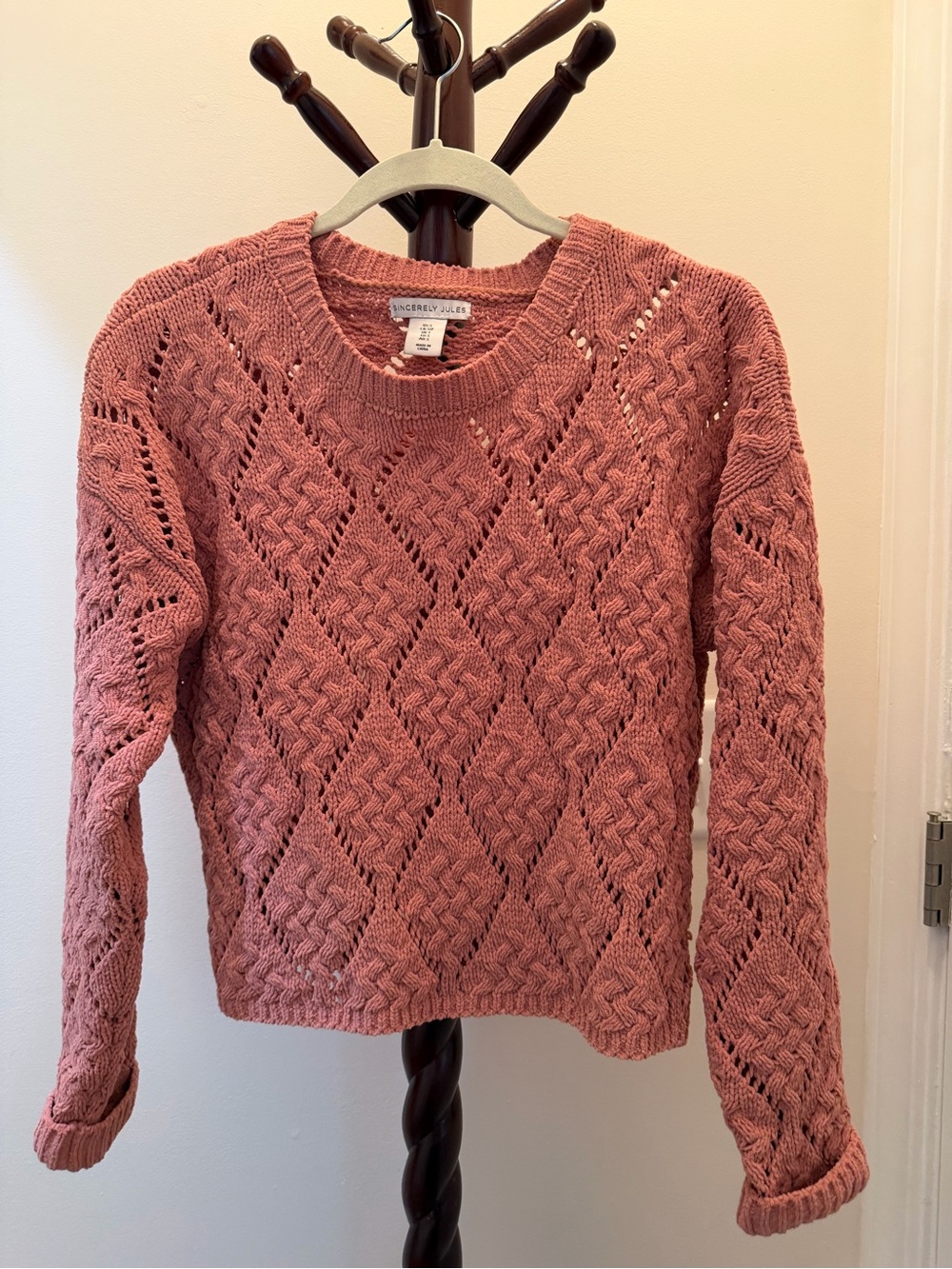 Sincerly Jules Dusty Rose Openwork Diamond-Knit Crewneck Sweater